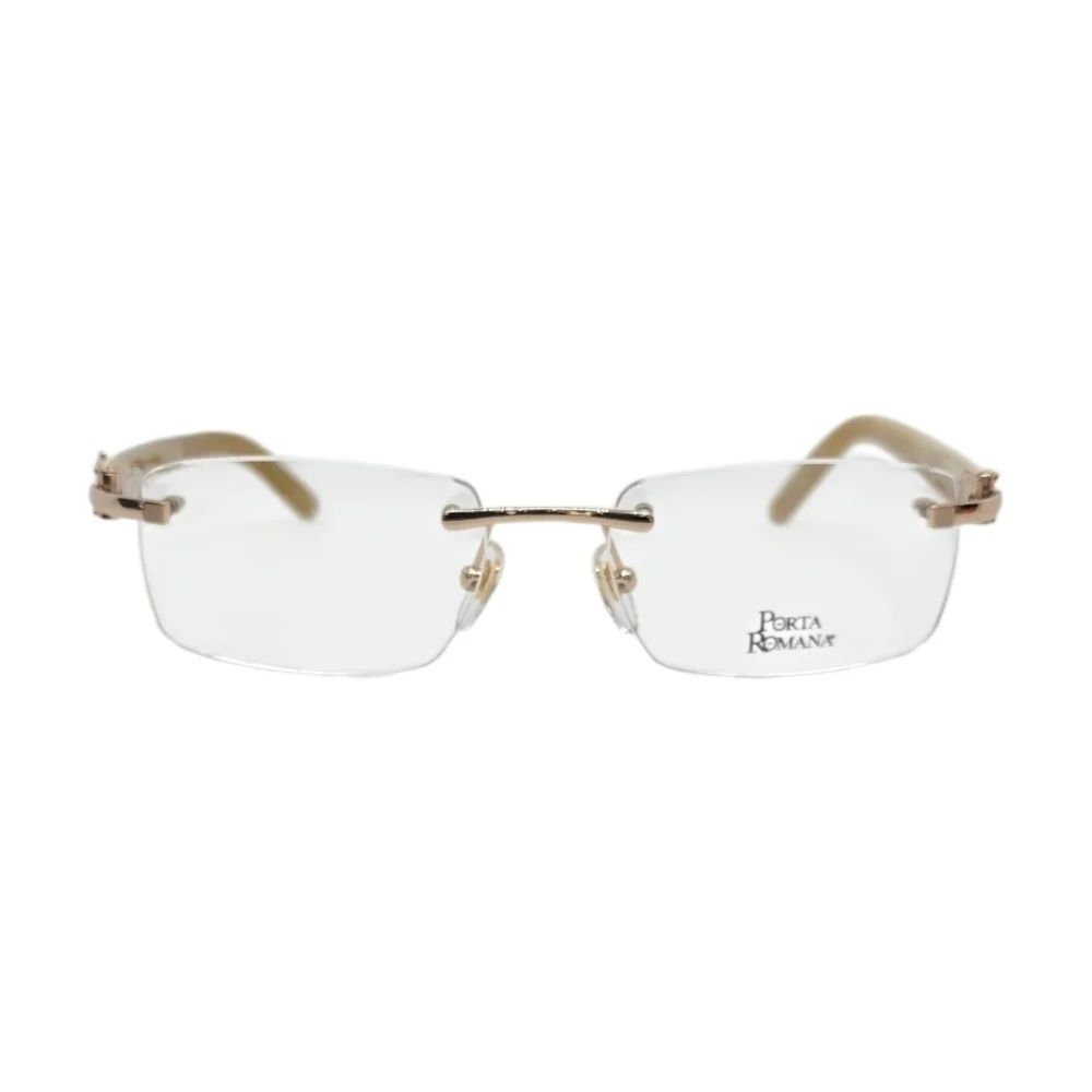 Porta Romana Rimless Glasses with Bold Orange Case in WHITE BUFFALO HORN